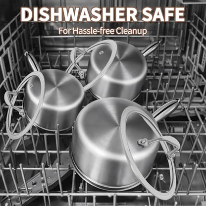 EWFEN 3 Ply Stainless Steel Sauce Pan Set with Lids, 1 & 2 Quart Multipurpose Cooking Pot, Stay-Cool Handle, Induction Oven Dishwasher Safe, 1QT & 2QT