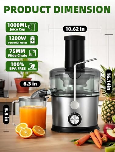 Juicer Machines, 1200W Centrifugal Juicer Extractor with 3" Feed Chute, Dual Speeds, Heavy Duty Full Copper Motor, 35oz Large Juice Jug, Stainless Steel, Silver