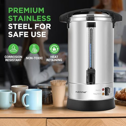 NutriChef Water Boiler and Hot Water Dispenser, 8L Electric Beverage Dispenser with Safety Lock Lid, Non-Drip Tap, Warm Function, Food Grade Stainless Steel, Home & Commercial Use, 19"x9"x9", Silver