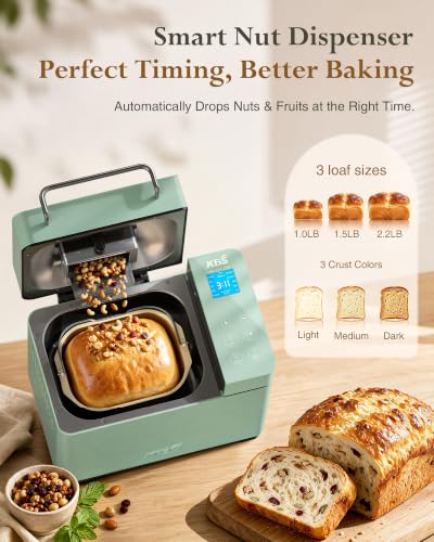 KBS 2.2LB Bread Maker, 710W Convection Bread Machine with Dual Heaters, Healthy Nonstick Ceramic Pan, Auto Nut Dispenser, 17-in-1 Bread Maker Machine for Gluten-Free, Touchscreen, 15H Delay Timer