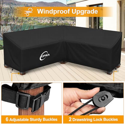 Kipiea Patio V-Shaped Sectional Sofa Cover, 420D Heavy-Duty Oxford Fabric Outdoor Sectional Cover with 6 Windproof Buckles, Anti UV and No Tears, No Fading (85"/85" L x 33.5" D x 31" H) Black