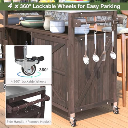Hennhari Outdoor Kitchen Island with Stainless Steel Top & Raised Shelf, Rolling Grill Cart with Spice & Towel Rack, Outdoor Island Table with Storage Cabinet & Hooks (Brown)