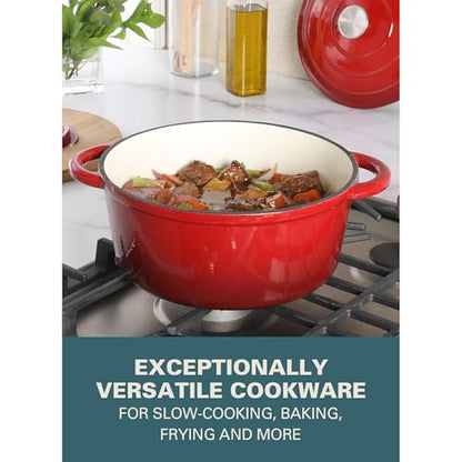 Gibson Home Addlestone 5-Quart Red Enamel Cast Iron Dutch Oven with Lid and Dual Handles – Durable Round Cooking Pot