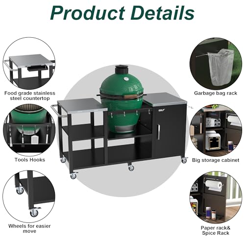 GDLF Grill Table for Big Green Egg Style BBQ, Heavy Duty Metal Outdoor Grill Station Prep Table with Storage,Compatible with Large Big Green Egg,Kamado Joe Classic