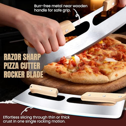 Gicyiit Pizza Cutter Rocker Blade with Wooden Handle, Premium 14inch Pizza Knife Rocker Cutter with Sharp Stainless Steel Blade and Protective Cover, Slicing Through Crust in One Single Rocking Motion