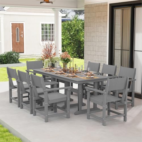 BIVODA 9-Piece Outdoor Dining Set, HDPE Weatherproof Patio Table and Chairs Set for 8, Outdoor Patio Furniture Sets with Umbrella Hole for Outside, Deck, Backyard, Garden (Grey)