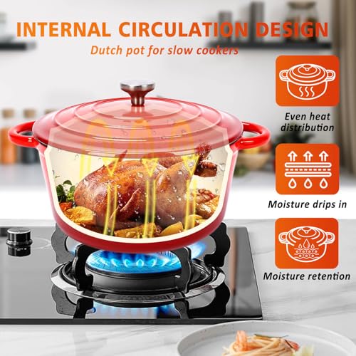 Enameled Cast Iron Cookware Set - 3 PC Set of 5.5QT Dutch Ovens, 2QT Sauce Pan, 10.2 Inch Ceramic Frying Pan, Ceramic Coated Cast Iron Dutch Ovens set, Heavy Duty, Gas/Induction Compatible,Red