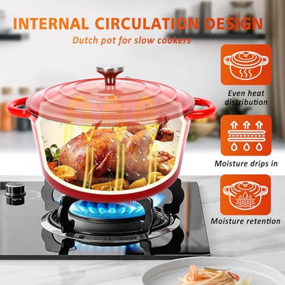 Enameled Cast Iron Cookware Set - 3 PC Set of 5.5QT Dutch Ovens, 2QT Sauce Pan, 10.2 Inch Ceramic Frying Pan, Ceramic Coated Cast Iron Dutch Ovens set, Heavy Duty, Gas/Induction Compatible,Red