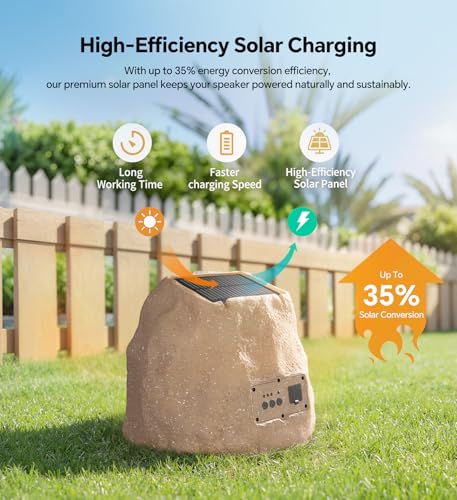 Upgraded Outdoor Rock Speaker 60W Deep Bass Multi-Sync up to 100Pcs, Remote Control, IPX7 Waterproof Solar-Powered with LED Lights Perfect for Pool, Garden, Patio, Ideal for Music Lovers - 2 Packs
