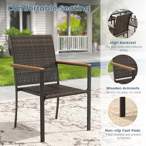 DIFY 11 Piece Patio Dining Set, Metal Outdoor Table and Chairs Set for 10, 60" Round Walnut Dining Table with Umbrella Hole & Wicker Stackable Patio Chairs, Patio Furniture Set for Garden Backyard