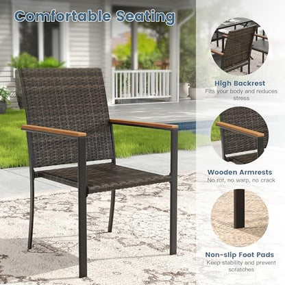 DIFY 11 Piece Patio Dining Set, Metal Outdoor Table and Chairs Set for 10, 60" Round Walnut Dining Table with Umbrella Hole & Wicker Stackable Patio Chairs, Patio Furniture Set for Garden Backyard