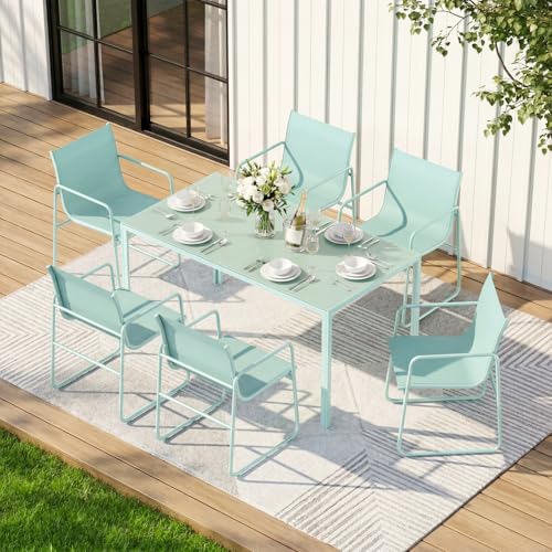 ONBRILL 7 Piece Patio Dining Set for 6 with Textilene Chairs, Aqua