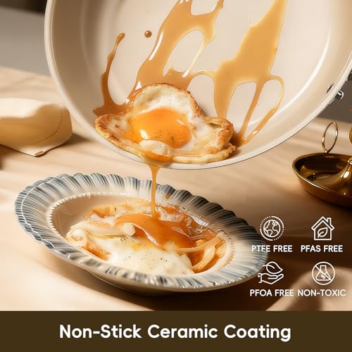 OUBRL Ceramic Non Stick Egg Pans, Nonstick Frying Pan Skillet,8 inch Cooking Pan Non Toxic,Induction Suitable，PFAS-Free Cookware, Dishwasher Safe, Oven and Broiler Safe (Cream White, 8 Inch)