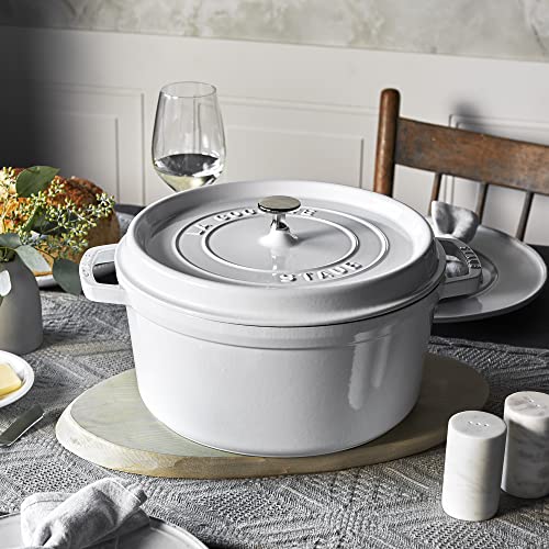 Staub Cast Iron Round Cocotte, Dutch Oven, 7-quart, serves 7-8, Made in France, White