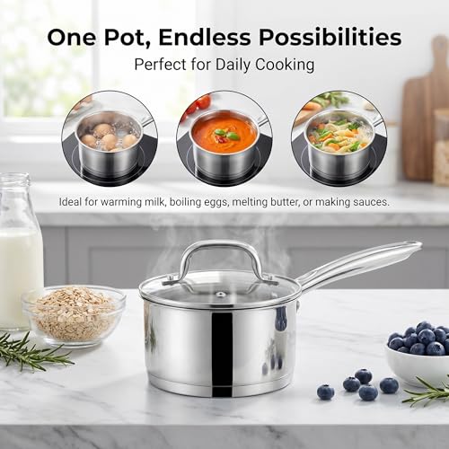 LIANYU 1 Quart Stainless Steel Saucepan, Small Sauce Pan with Lid, Tri-Ply Bottom Multipurpose Pot for Cooking, Straight Side, Dishwasher Safe, Compatible with All Cooktops