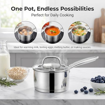 LIANYU 1 Quart Stainless Steel Saucepan, Small Sauce Pan with Lid, Tri-Ply Bottom Multipurpose Pot for Cooking, Straight Side, Dishwasher Safe, Compatible with All Cooktops