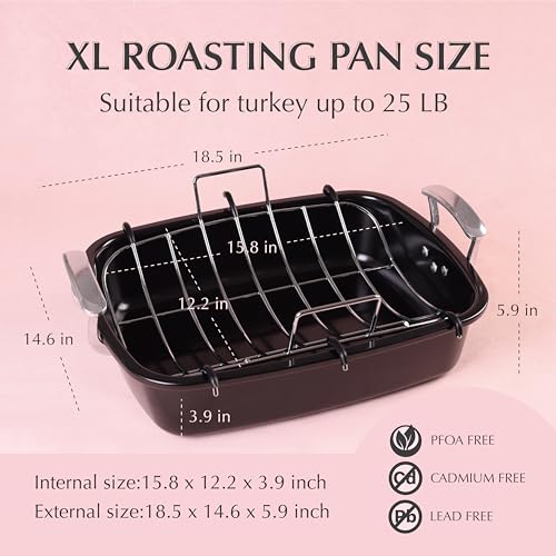 Uukrave Turkey Roasting Pan with Rack (U-Shaped), Extra Large 18.5 x 14.6 Inch Nonstick Roaster Pan for 25 lb Turkey or Chicken, Deep Oven Tray with Wide Handles, Heavy Duty Steel, Nontoxic