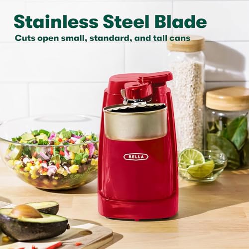 bella Electric Can Opener and Knife Sharpener, Removable Cutting Lever, Cord Storage, Stainless Steel Blade, Red