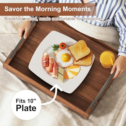 Set of 2 Acacia Wooden Ottoman Tray for Living Room, Wood Serving Tray with Handles, Decorative Coffee Table Trays for Ottoman, Large Serving Platter for Dinner, Breakfast in Bed, Kitchen Counter Top