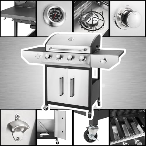 Kendane 4-Burner Propane Gas BBQ Grill with Side Burner, Barbecue Gas Grill with Enameled Cast Iron Grates for Outdoor Patio Garden Barbecue, 53,000 BTU, Stainless Steel Grill Cover included