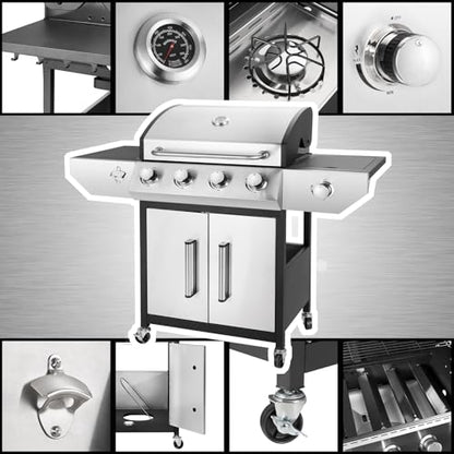 Kendane 4-Burner Propane Gas BBQ Grill with Side Burner, Barbecue Gas Grill with Enameled Cast Iron Grates for Outdoor Patio Garden Barbecue, 53,000 BTU, Stainless Steel Grill Cover included