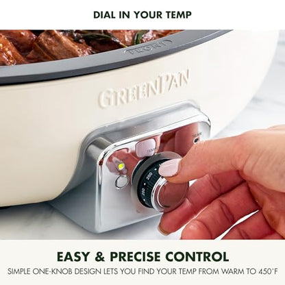 GreenPan Elite 5.5QT Electric Oval Skillet, PFAS-Free Ceramic Nonstick, 1800 Watt, Dishwasher Safe Lid & Removable Crock, Adjustable Temp Control Multi-Cooker, Sear, Sauté, Rice, Stir-Fry, Cream White