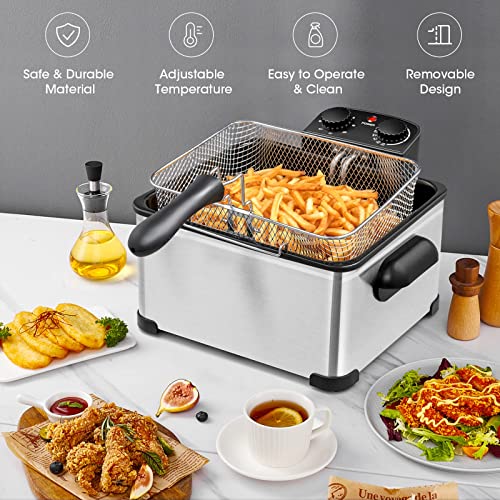 Giantex 1700W Electric Deep Fryer with 3 Baskets, 5.3QT/21-Cup Frier Cookers Home Fryer, Large Oil Container, Lid with View Window, Adjustable Temperature and Timer, Family Kitchen Restaurant Use