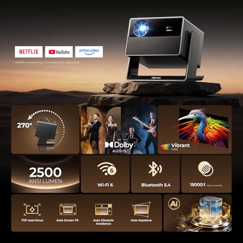 ELEPHAS Smart 4K Projector with WiFi and Bluetooth - Compatible with Netflix/Prime Video/YouTube, 270° Rotatable, AI Auto Focus & Keystone, Portable Home Theater Movie Projector for Indoor Outdoor