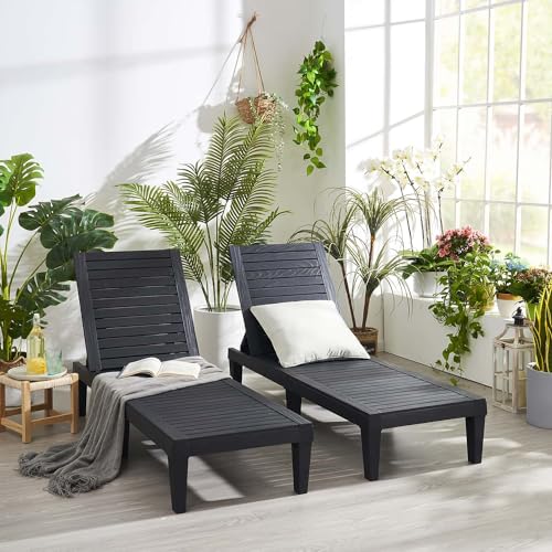 Nestl Patio Chairs - Black Chaise Lounge Chair Outdoor, 5-Position Adjustable Sun Tanning Chair, Waterproof Pool Lounge Chairs Set of 2, Reclining Lawn Chair, Lightweight Outdoor Lounge Chairs