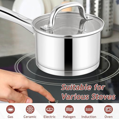 E-far Stainless Steel Saucepan with Lid, 2 Quart Sauce Pan Induction Pot for Cooking, Boiling, Compatible with All Stoves, Healthy & Non Toxic, Oven & Dishwasher Safe