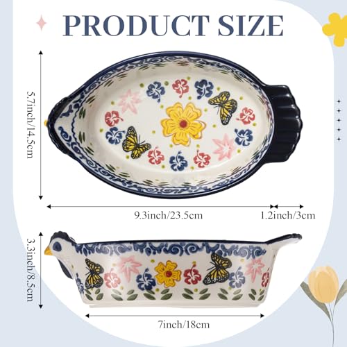 Uiifan 27 oz Ceramic Casserole Dishes Chicken Shape Vintage Pie Pan Bakeware Butterfly and Flower Pattern Plate Lasagna Pans Soup Bowl for Oven, Dishwasher and Microwave Safe