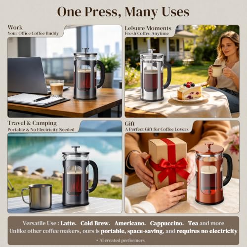 Veken French Press Coffee Maker 34oz, No Plastic Touching Cafe,Thickened Glass Stainless Steel Brewer, Cold Brew Cafetera Tea pot for Kitchen Travel Camping, Gifts, Decor, Bar Accessories, Dark Pewter