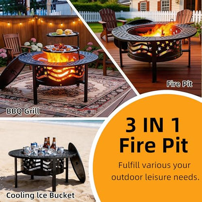 PrimeZone 42" Outdoor Fire Pit with 2 Grills - Wood Burning Firepit for Outside with Cover & Poker, Heavy Duty Metal Fire Pit Large Round Fireplace for Patio, Backyard, Picnic, Camping, Bonfire