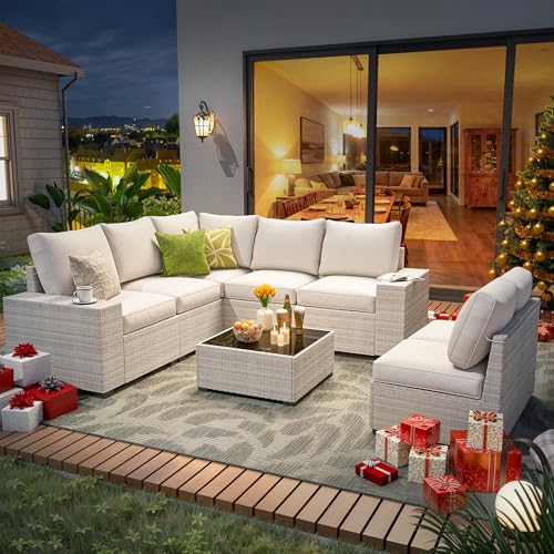 olimix 8 Piece Outdoor Patio Furniture Set, Outdoor Sectional Furniture, Rattan & Wicker Modern Modular Conversation Set Sofa Couch W/Water Resistant Washable Thick Cushions and Coffee Table, Beige
