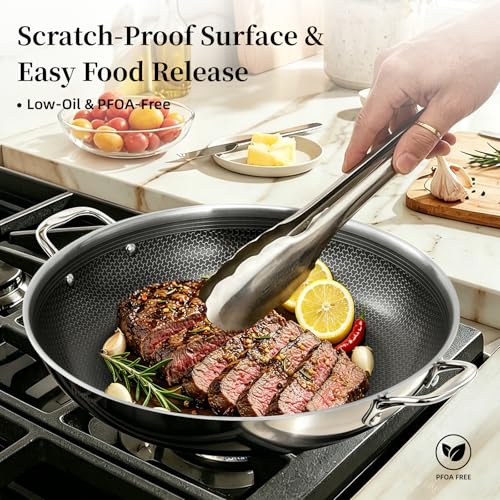 DELUXE Hybrid Ceramic Nonstick 14-Inch Frying Pan with Stainless Steel Lid, Dual Stay-Cool Handles, Dishwasher-Safe, Induction Ready, Compatible with All Cooktops