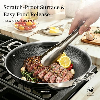 DELUXE Hybrid Ceramic Nonstick 14-Inch Frying Pan with Stainless Steel Lid, Dual Stay-Cool Handles, Dishwasher-Safe, Induction Ready, Compatible with All Cooktops
