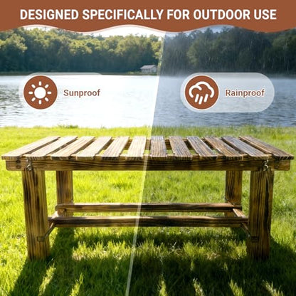 HAOIOKSC 35.5" Outdoor Garden Bench, Weatherproof 2-Person Backless Wooden Bench with Mortise-Tenon Structure – for Garden, Lawn, Porch, Backyard （Brown