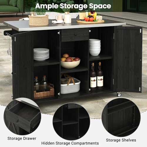 LUMISOL Outdoor Grill Cart with Stainless Steel Top, Farmhouse Kitchen Island with Storage, Fir Wood Rolling Bar Table with Spice & Towel Rack, and a Bottle Opener, Black