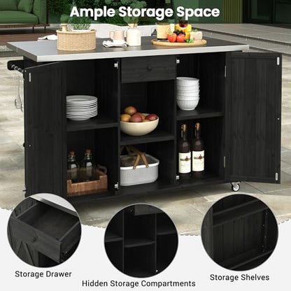 LUMISOL Outdoor Grill Cart with Stainless Steel Top, Farmhouse Kitchen Island with Storage, Fir Wood Rolling Bar Table with Spice & Towel Rack, and a Bottle Opener, Black