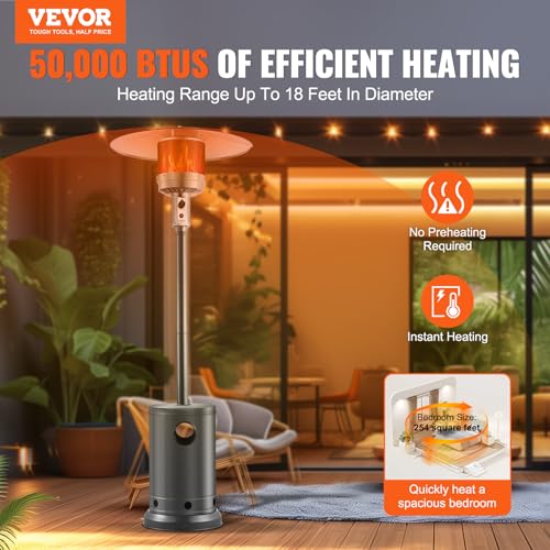 VEVOR 50000BTU Propane Patio Heater for Outdoor Use With Round Table Design, Metal Burner and Wheels - Tall Hammered Flame Heater for Party, Backyard, Garden, Silver Gray