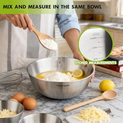 Greentainer 5-Piece Stainless Steel Mixing Bowls Set for Kitchen, Nesting Bowls with Measurement Markings for Baking, Prepping, Cooking and Serving Food, Metal Mixing Bowls Dishwasher Safe