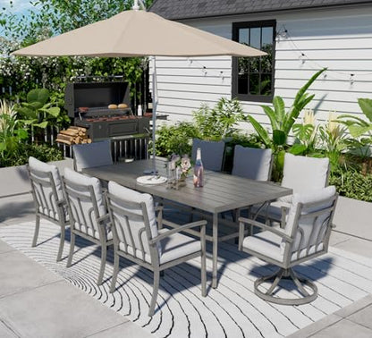 HAPPATIO 9-Piece Patio Outdoor Dining Set - All Aluminum Patio Table and Chairs Set for 8 Includes 1 Rectangular Table, 6 Dining Chairs, and 2 Swivel Chairs with Cushions for Lawn, Garden