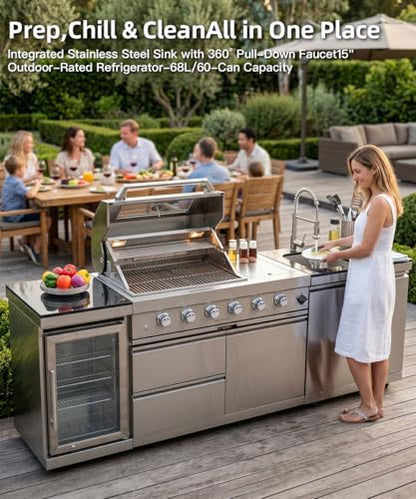 Outdoor Kitchen Island Barbecue Grill with Refrigerator & Rotisserie, Heavy-Duty Stainless Steel Freestanding Grills Station, Weather-Resistant Cooking Cabinet for Backyard & Summer Propane Gas