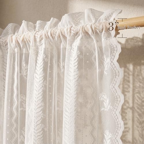 NICETOWN Outdoor Sheer Curtains for Patio Waterproof, White Lace Drapes for Porch Pergola, Gazebo Chic Decor with Lily of the Valley Striped Wave Edge, Rod Pocket Top, 2 Panels, W54 x L84 in
