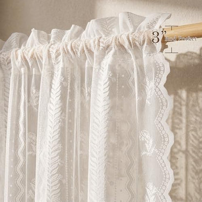 NICETOWN Outdoor Sheer Curtains for Patio Waterproof, White Lace Drapes for Porch Pergola, Gazebo Chic Decor with Lily of the Valley Striped Wave Edge, Rod Pocket Top, 2 Panels, W54 x L84 in