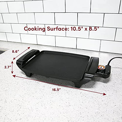 Elite Gourmet EGR2722A Electric 10.5" x 8.5" Griddle, Cool-touch Handles Non-Stick Surface, Removable/Adjustable Thermostat, Skid Free-Rubber Feet, Black