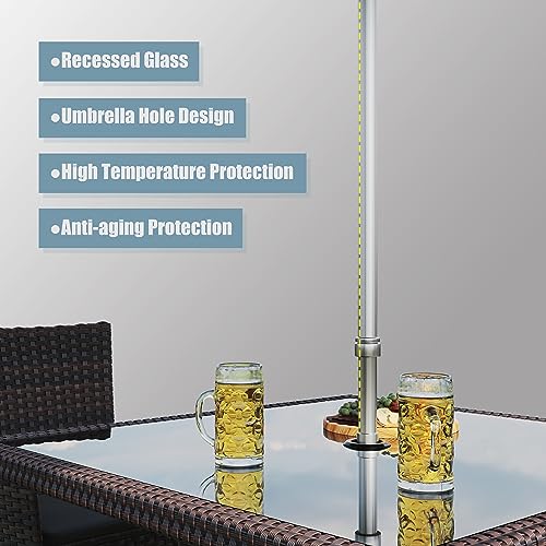 Gotland 10 Piece Outdoor Dining Set, All-Weather Rattan Patio Furniture Set with Umbrella Hole Tempered Glass Square Table, Outdoor Table and Chairs with Removable Cushions for Backyard, Deck Khaki