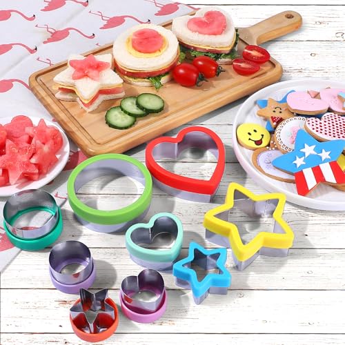 Cookie Cutter Set, 9Pcs Multi-Size(3.4″, 2.3″, 1.7″) Cookie Cutters - Heart, Round, and Star Shapes,Metal Cookie Molds with Safety Handle for Biscuits,Sandwich Cookies,Fondant Cakes,and Holiday Baking