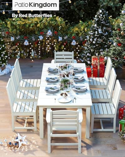 Patio Kingdom White 9-Piece Outdoor Dining Set with Beige 11FT Cantilever Umbrella, 75.2'' HDPE Table & Chairs for 8, Weather-Resistant Furniture with Umbrella Hole for Patio, Lawn, Poolside
