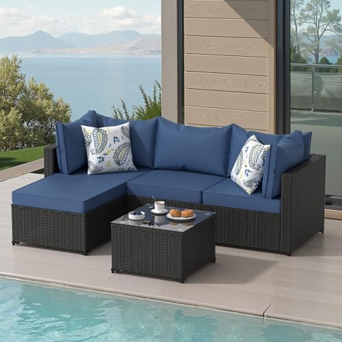 Patio Furniture Set, 5PCS Outdoor Sectional w/ Ottoman & Cushion, Navy Blue